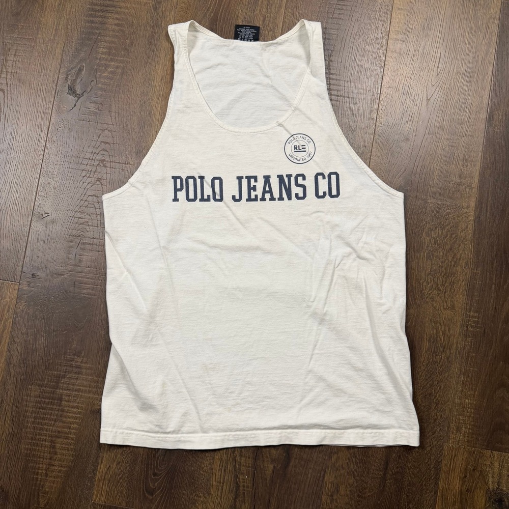 Vintage Y2K Polo Jeans Co Ralph Lauren Men's M White Logo Tank Top Made in USA